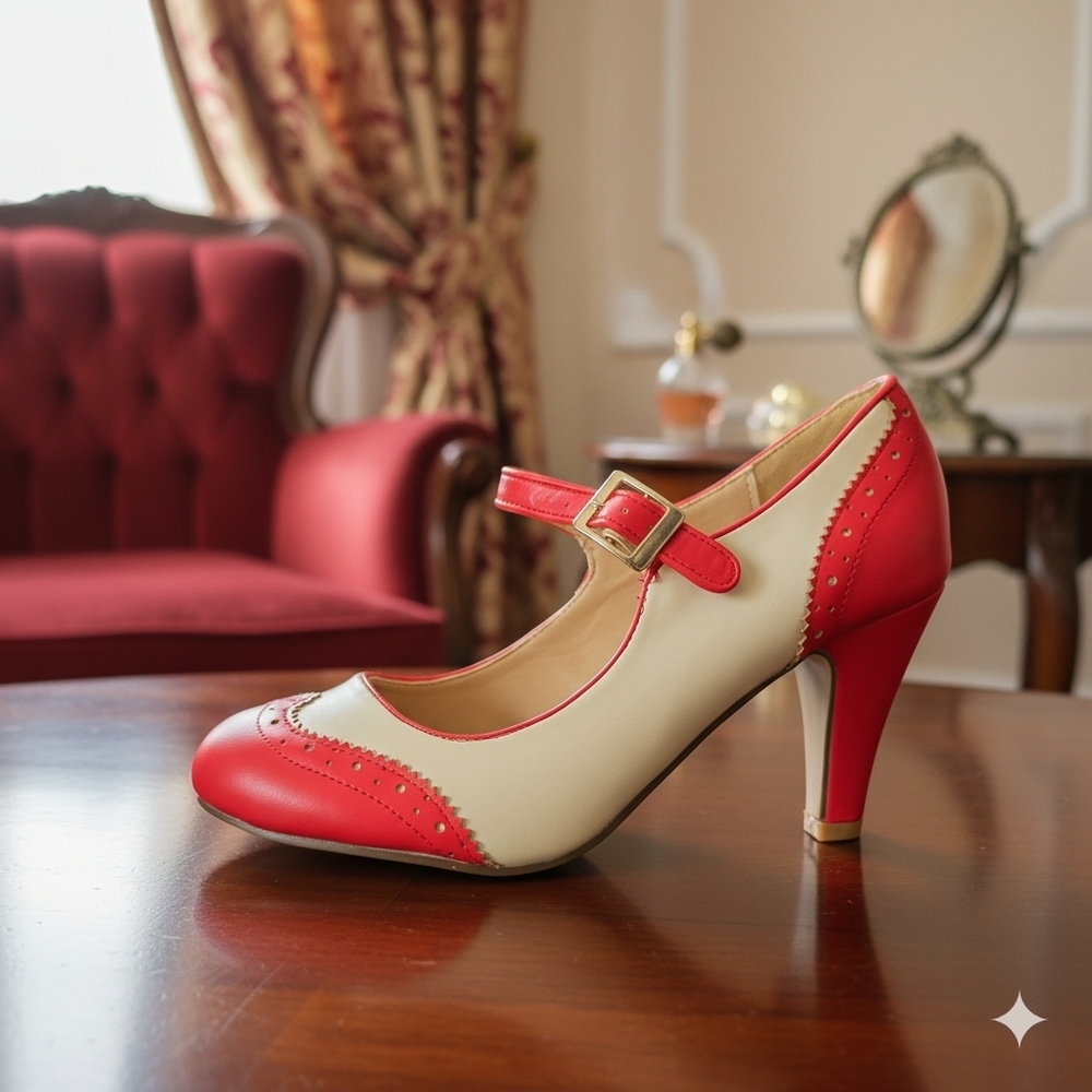 Kym By J Adams Classic Two-Tone Mary Jane High Heels in Red and Cream